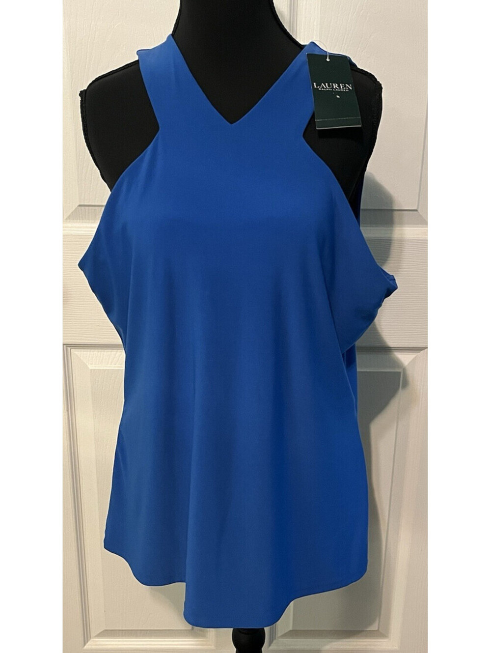 NWT RALPH LAUREN Blue Knit Top XL V-Neck, Cut-In Shoulders Zip Sleeveless Blouse